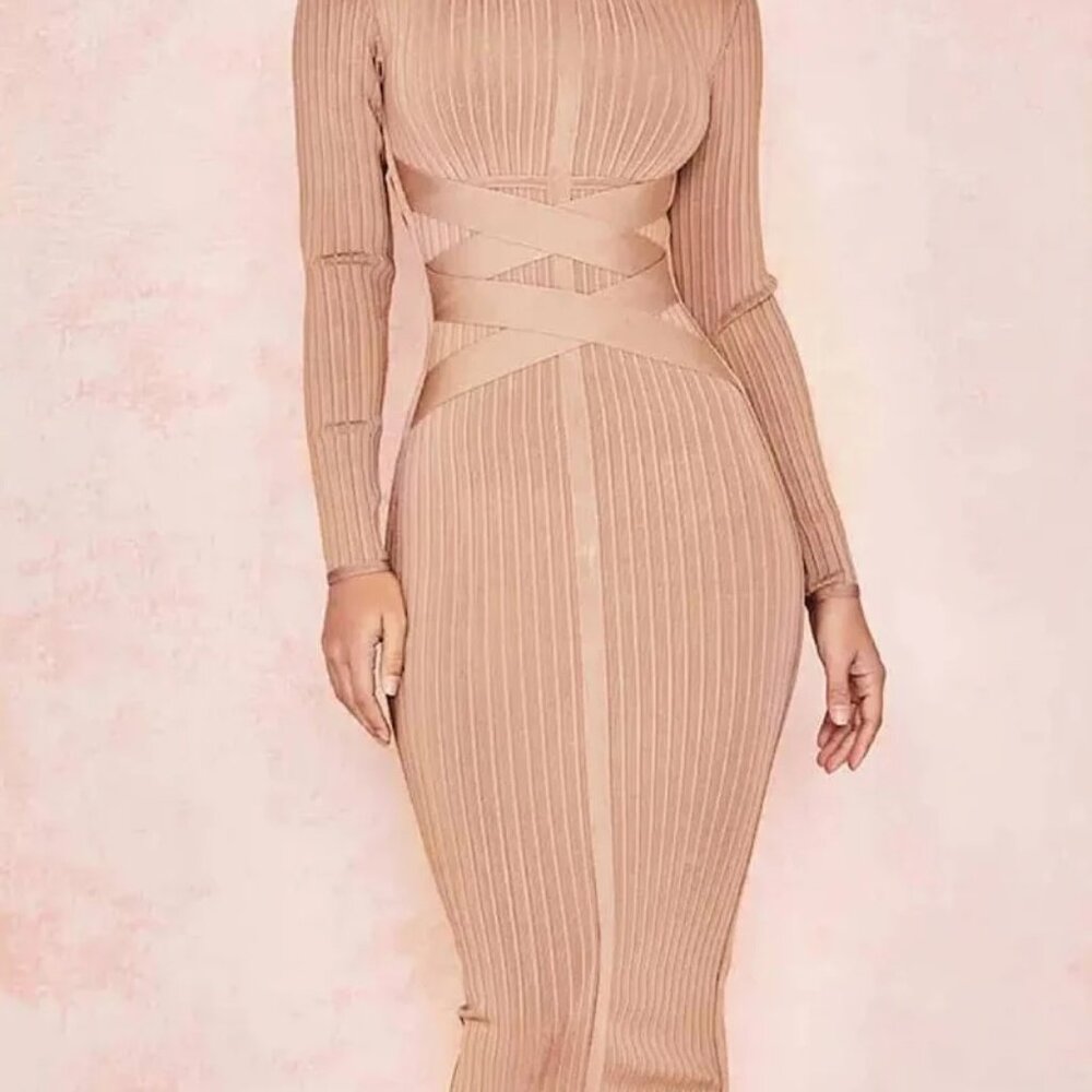 Classic Cross Ribbed Bandage Midi Dress